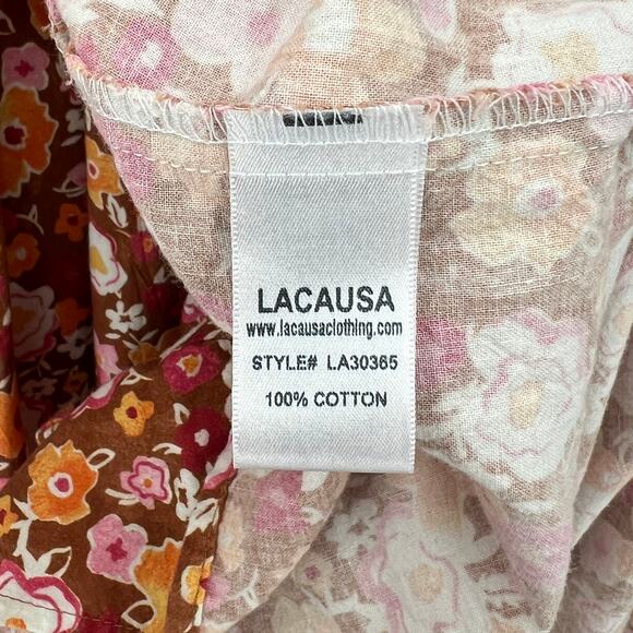 LACAUSA Berkeley Ruffle Midi Dress Womens XS Burnt Orange Floral Balloon Sleeves - Picture 13 of 16